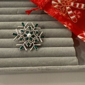 Elegant Silver and Green Snowflake Brooch Christmas brooch